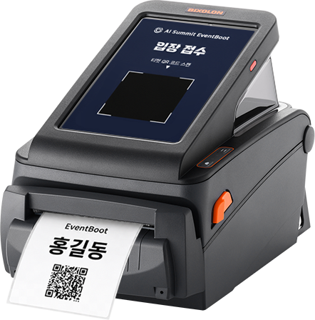 A BIXOLON tablet printer printing a badge